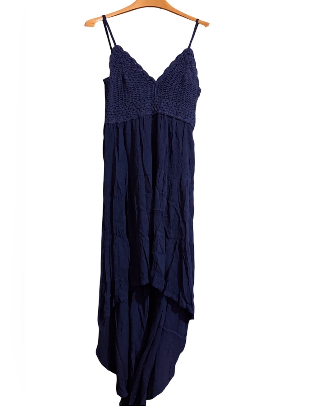 Indulge Navy Blue Crochet Bust High-Low Dress